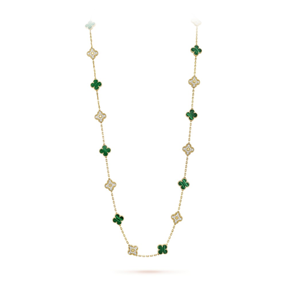 Vintage Alhambra long necklace 20 motifs Malachite Diamond Yellow gold