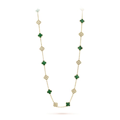 Vintage Alhambra long necklace 20 motifs Malachite Diamond Yellow gold