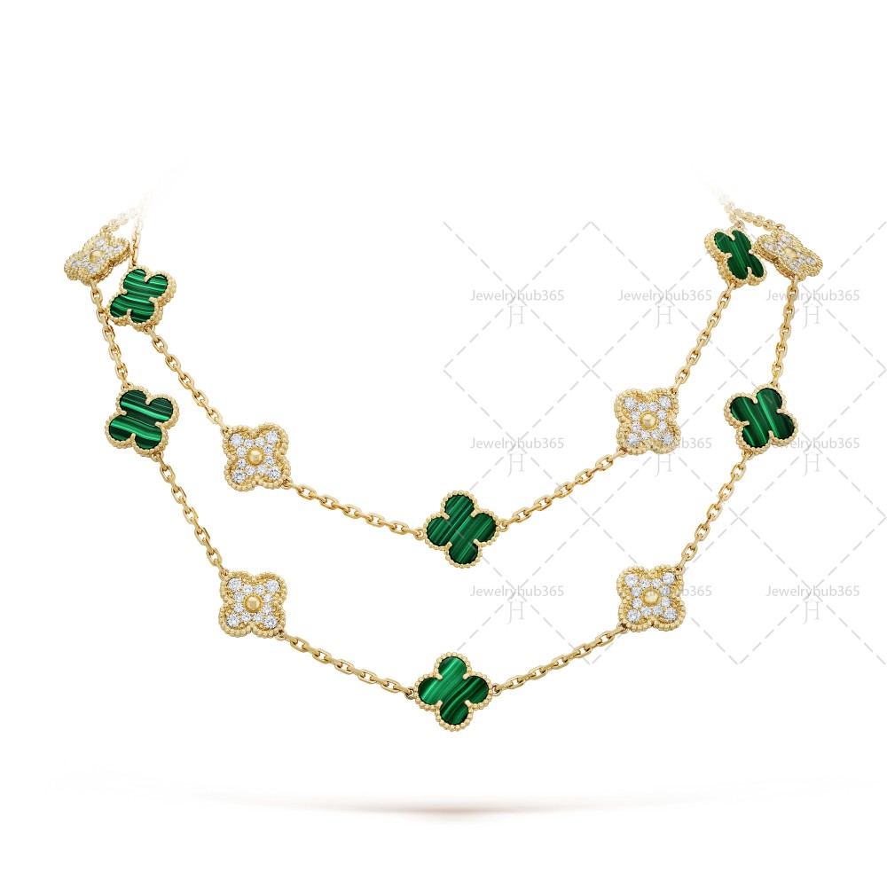 Vintage Alhambra long necklace 20 motifs Malachite Diamond Yellow gold