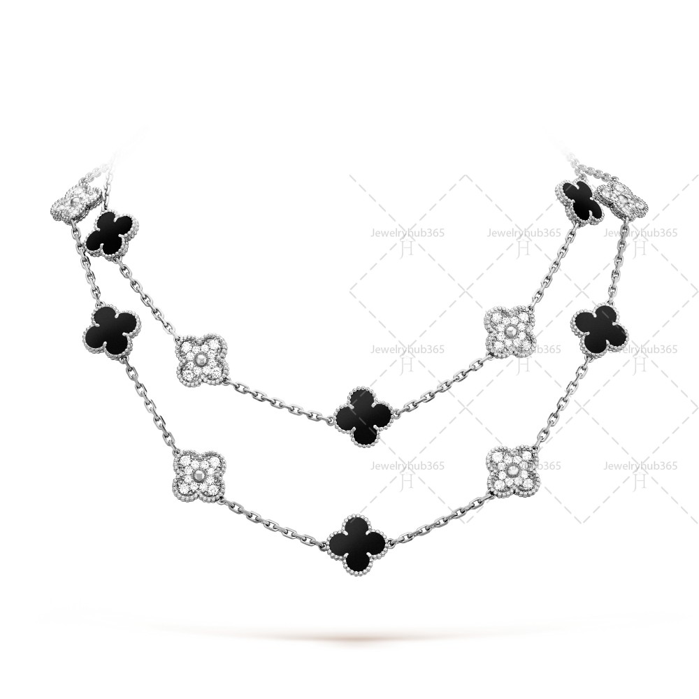 Vintage Alhambra long necklace 20 motifs Onyx Diamond White gold