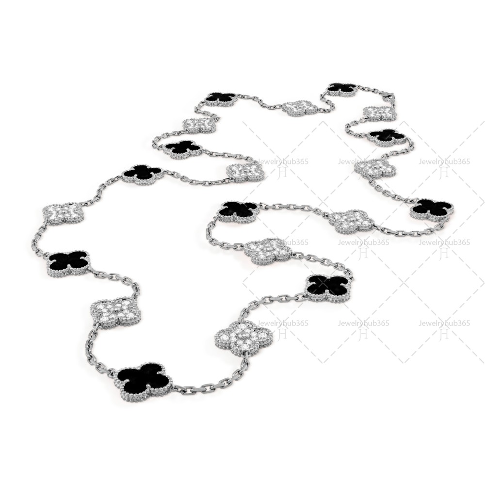 Vintage Alhambra long necklace 20 motifs Onyx Diamond White gold