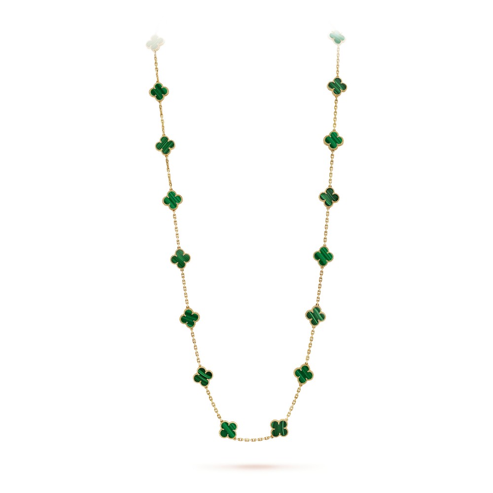 Vintage Alhambra long necklace 20 motifs Malachite Yellow gold