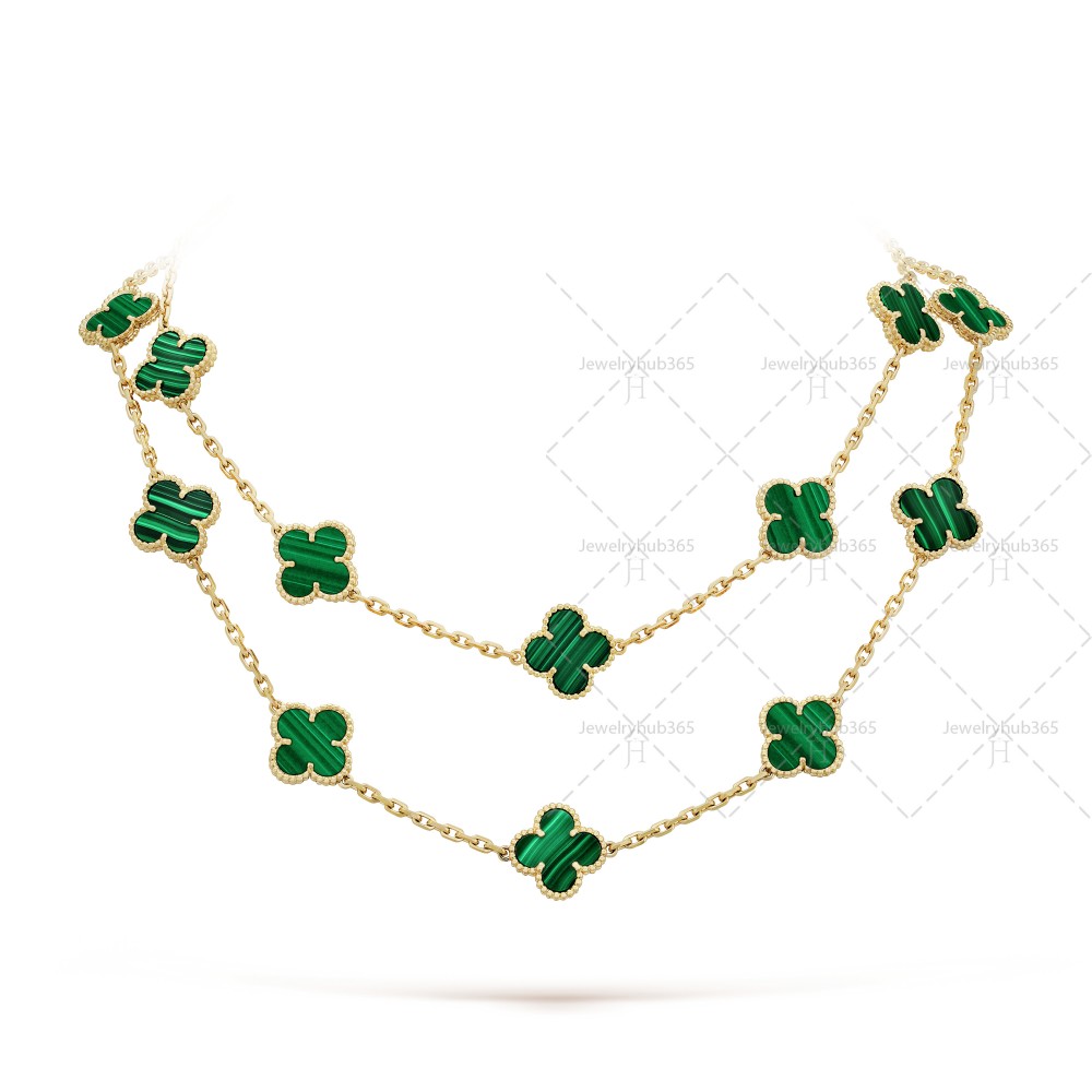 Vintage Alhambra long necklace 20 motifs Malachite Yellow gold