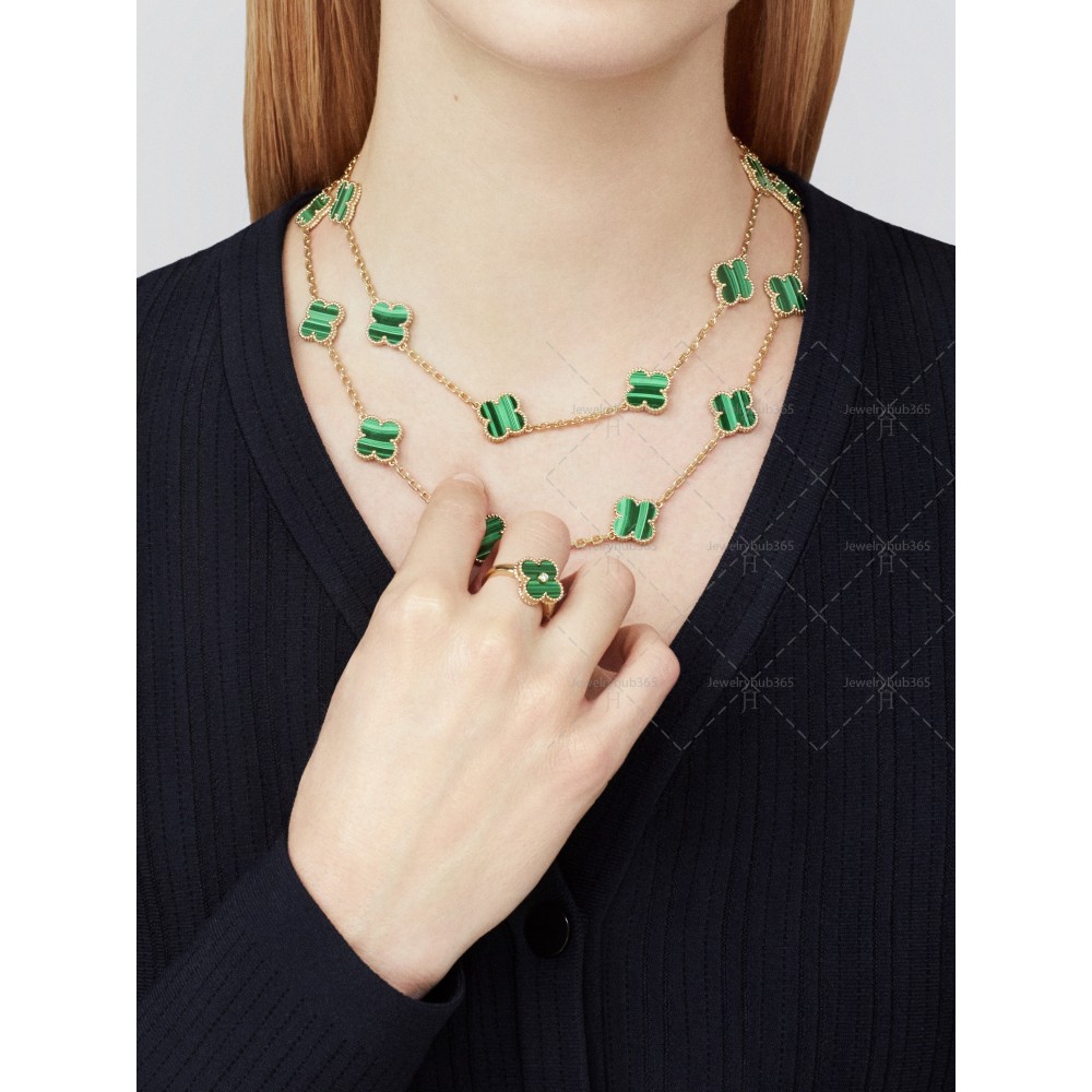 Vintage Alhambra long necklace 20 motifs Malachite Yellow gold