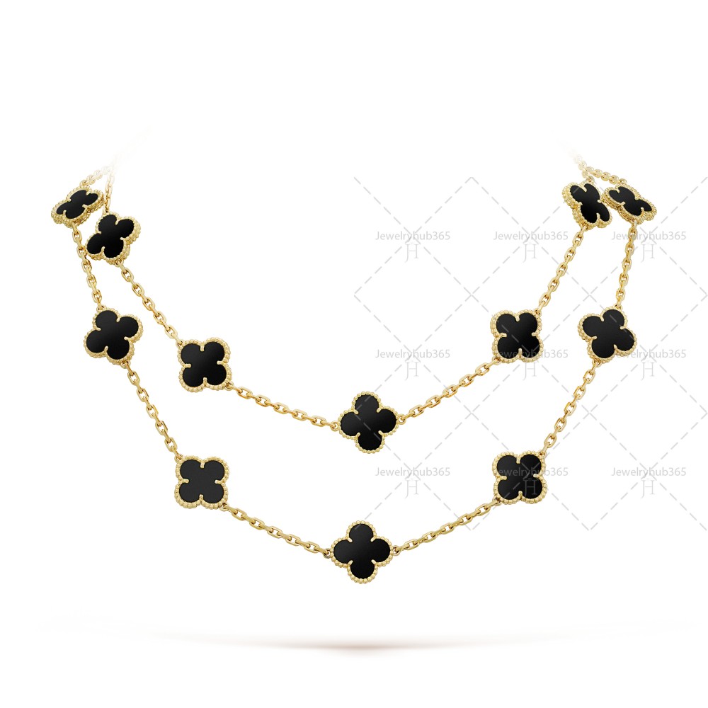 Vintage Alhambra long necklace 20 motifs Onyx Yellow gold