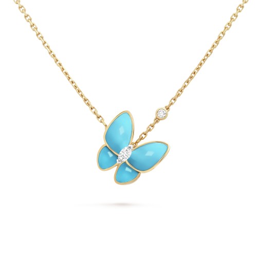 Two Butterfly pendant  2-Diamond Turquoise Yellow gold