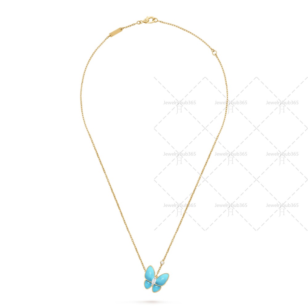 Two Butterfly pendant  2-Diamond Turquoise Yellow gold