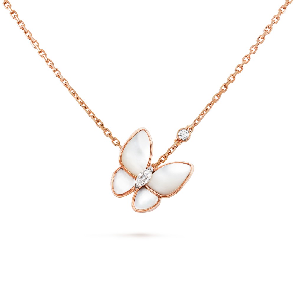 Two Butterfly pendant  2-Diamond Mother-of-pearl Rose gold