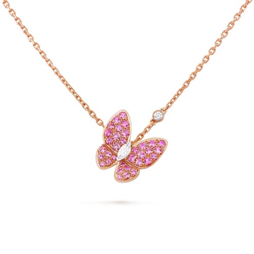 Two Butterfly pendant  2-Diamond Sapphire Rose gold