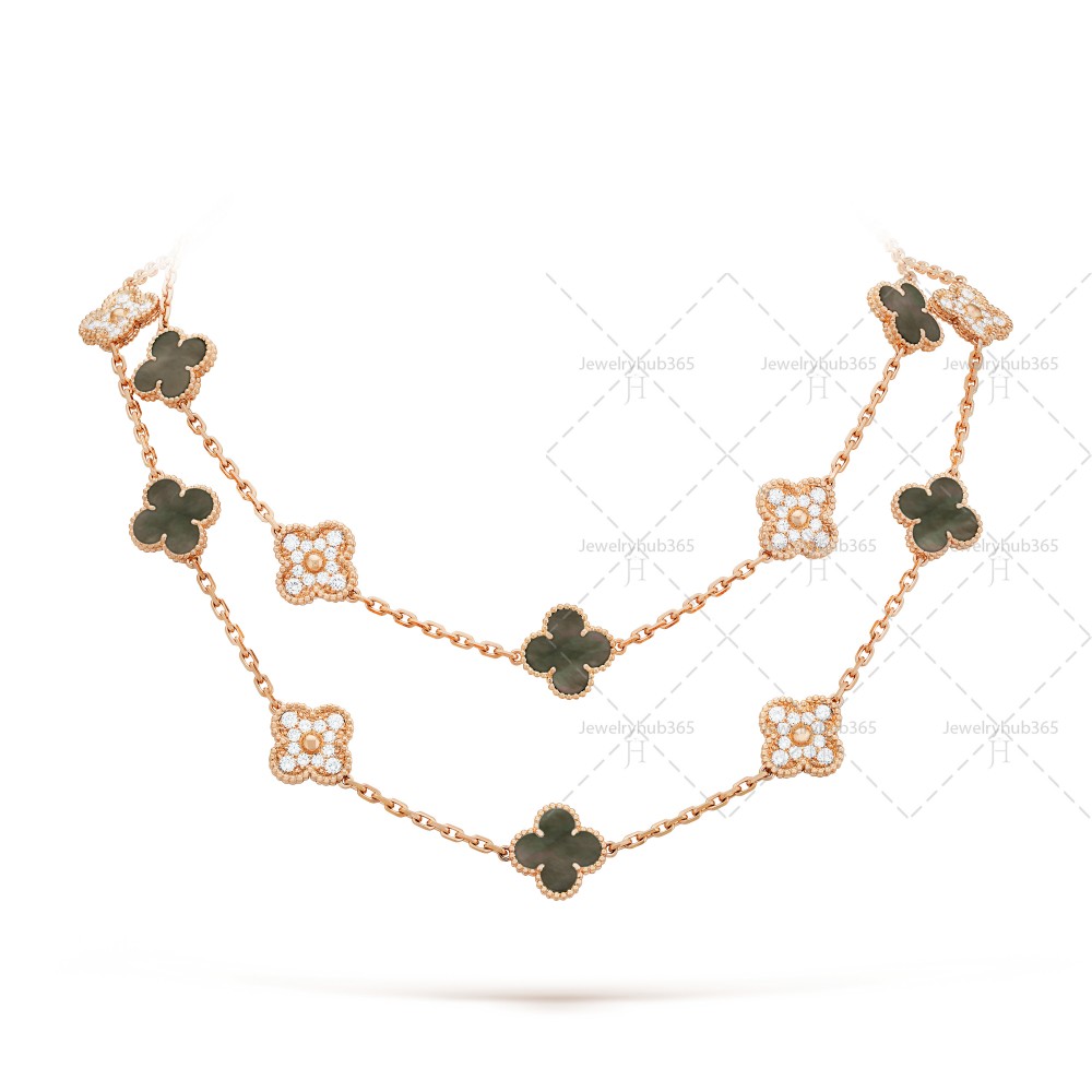 Vintage Alhambra long necklace 20 motifs Mother-of-pearl Diamond Rose gold