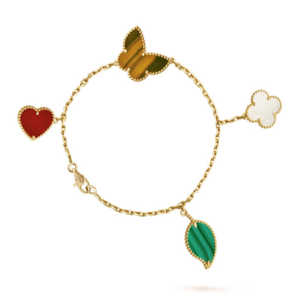 Lucky Alhambra bracelet 4 motifs Carnelian Malachite Mother-of-pearl Yellow gold