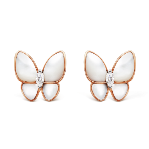 Two Butterfly earrings Diamond Mother-of-pearl Rose gold