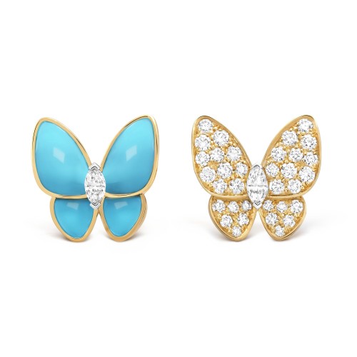 Two Butterfly earrings Diamond Turquoise Yellow gold