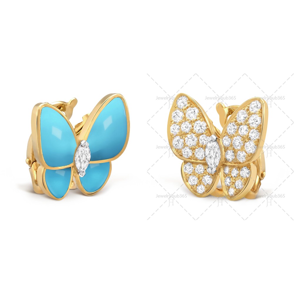 Two Butterfly earrings Diamond Turquoise Yellow gold