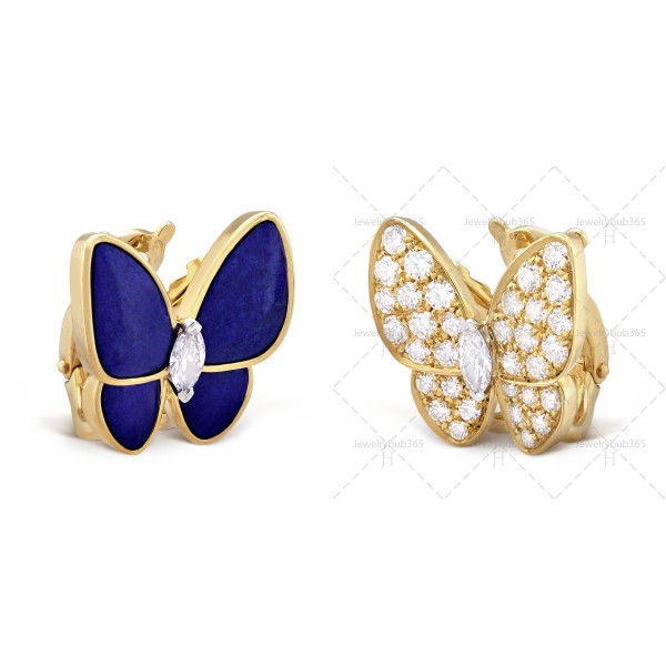 Two Butterfly earrings Diamond Lapis Lazuli Yellow gold