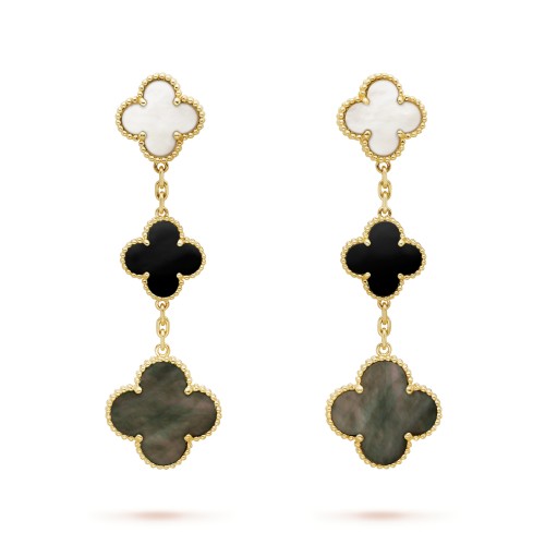 Magic Alhambra earrings 3 motifs Mother-of-pearl Onyx Yellow gold