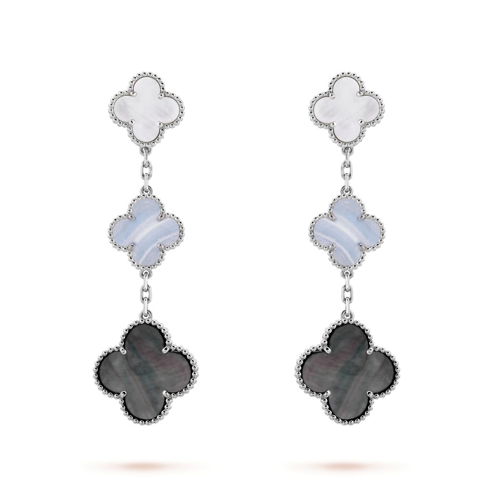 Magic Alhambra earrings 3 motifs Chalcedony Mother-of-pearl White gold