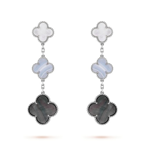 Magic Alhambra earrings 3 motifs Chalcedony Mother-of-pearl White gold