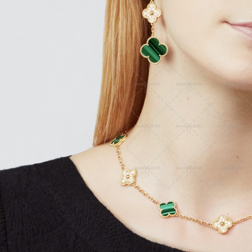 Magic Alhambra earrings 3 motifs Diamond Malachite Yellow gold