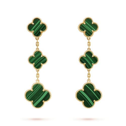 Magic Alhambra earrings 3 motifs Malachite Yellow gold