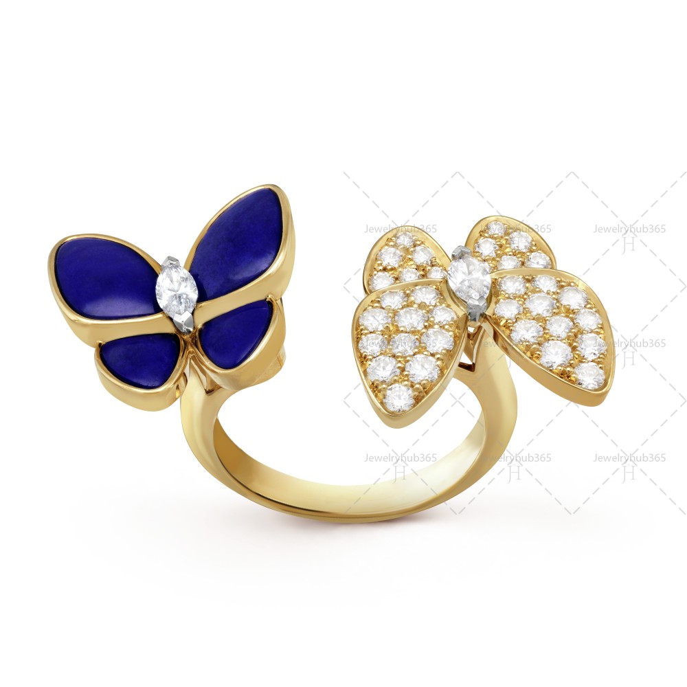 Two Butterfly Between the Finger ring Diamond Lapis Lazuli Yellow gold