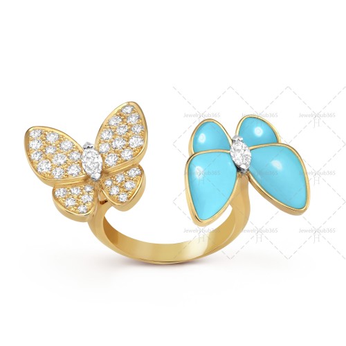 Two Butterfly Between the Finger ring Diamond Turquoise Yellow gold